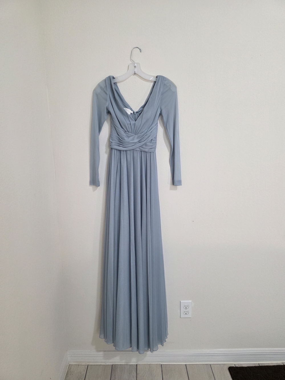 David's Bridal Dusty Blue Long Sleeve Chiffon Gown